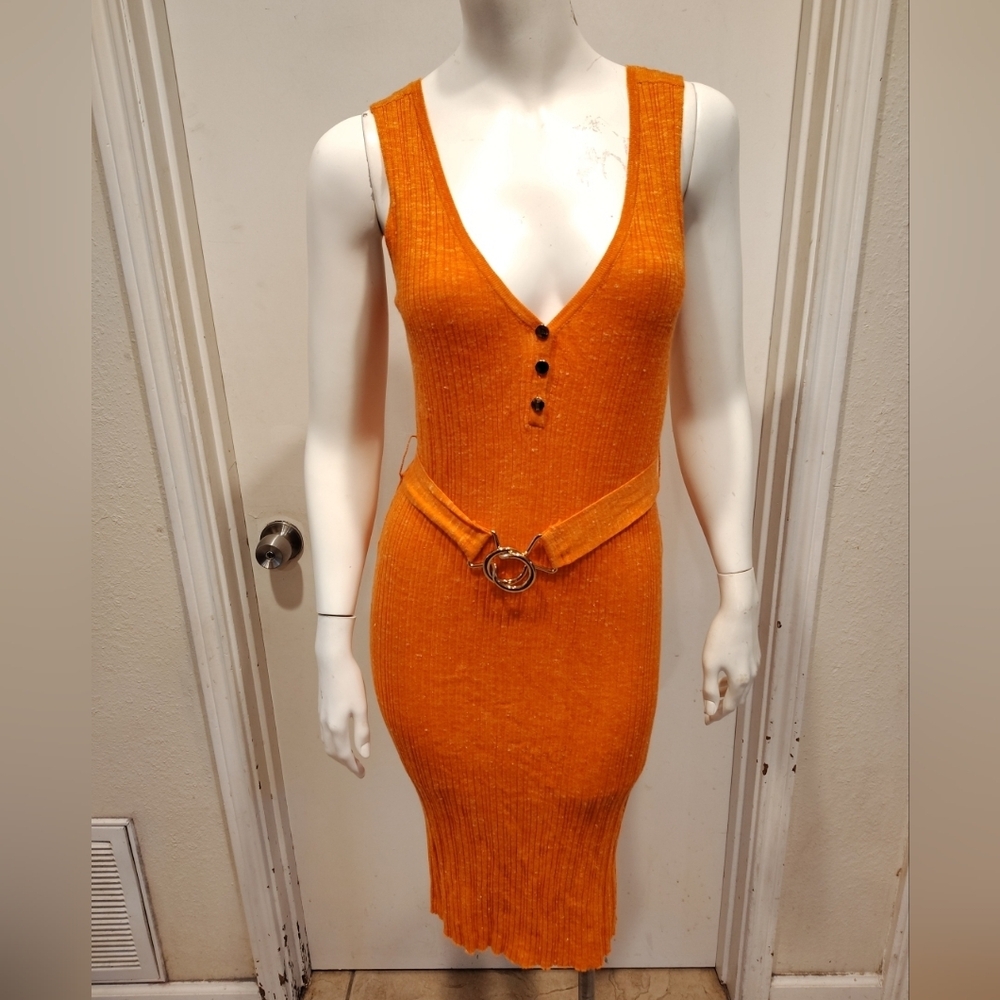Karen Millen Orange Ribbed Knit Sleeveless V-Neck Linen Blend Sweater Dress Sz L